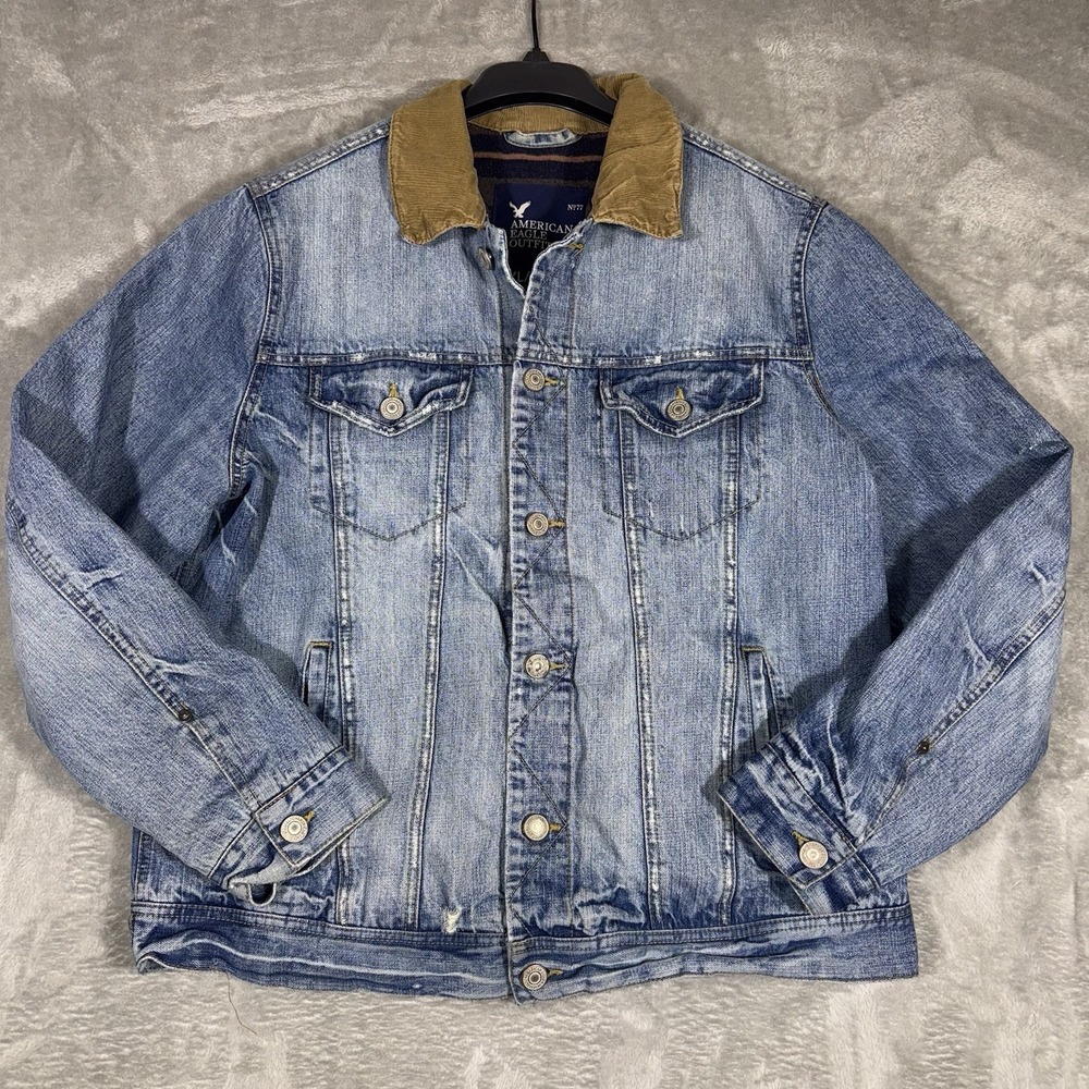 American Eagle Light Wash Denim Trucker Jacket Corduroy Collar Mens‎ XL Retro